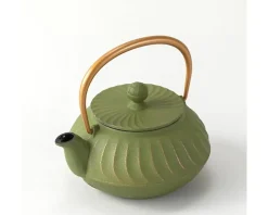 Cast Iron Teapot Olive Green Wave Gold Handle