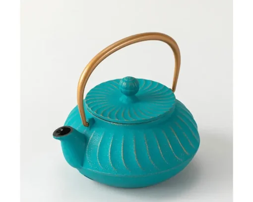 Cast Iron Teapot Teal Wave Gold Handle